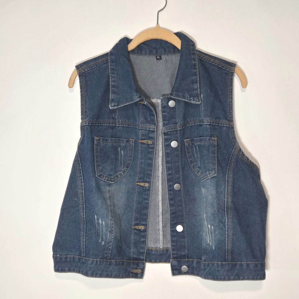Unbranded Denim Vest Women XL Blue Distressed Cotton Button Up Cropped Jacket